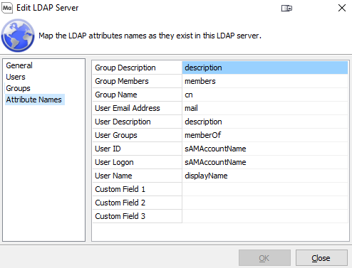 Edit LDAP Server dialog, Attribute Names screen.  Available fields include Group Description, Group Members, Group Name, user email address, user description, user groups, user ID, user logon, user name, and custom fields 1-3.